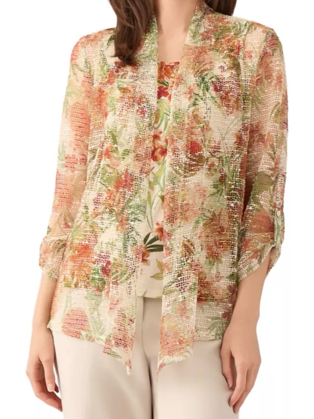 Kasper Sheer Floral Open-Front Tunic - Cream, Coral & Green